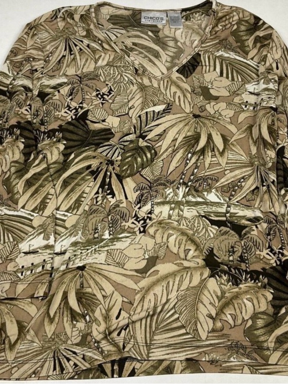 Chico's Travelers Collection Tan and Olive Green Tropical Leaf Print Blouse